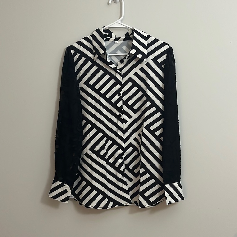 Striped long sleeve button up with sheer black floral sleeves